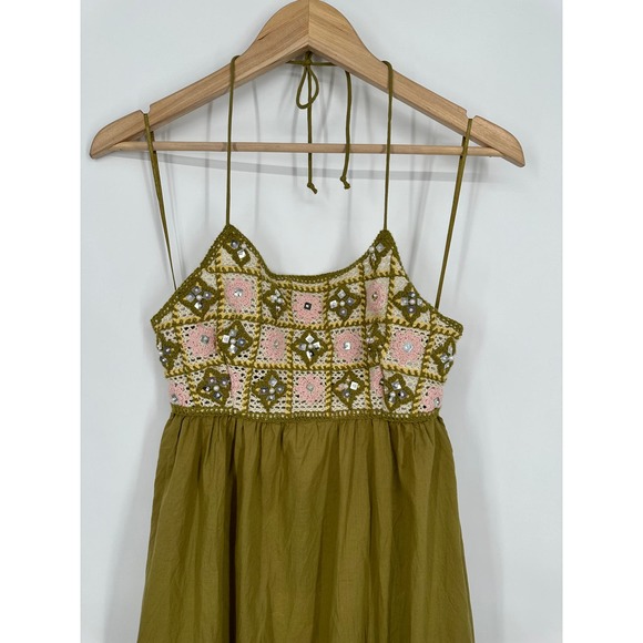 ZARA Granny Square Crochet Dress Halter Ruffle Knit Beaded Midi Green NWT - Picture 4 of 8